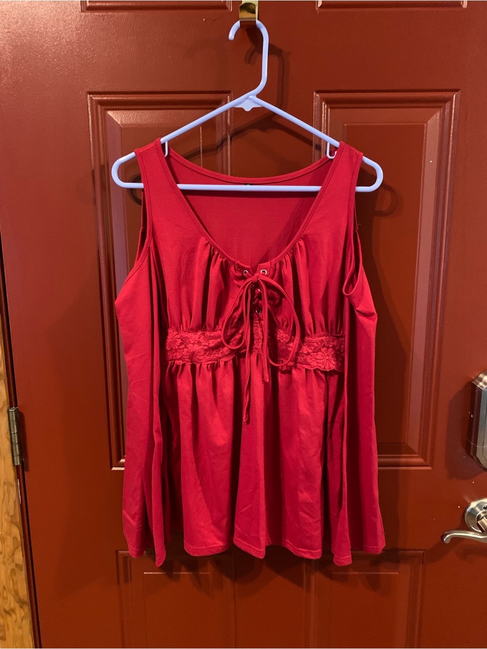 Red Cold-Shoulder Lace-Trim Tunic Top with Long Bell Sleeves